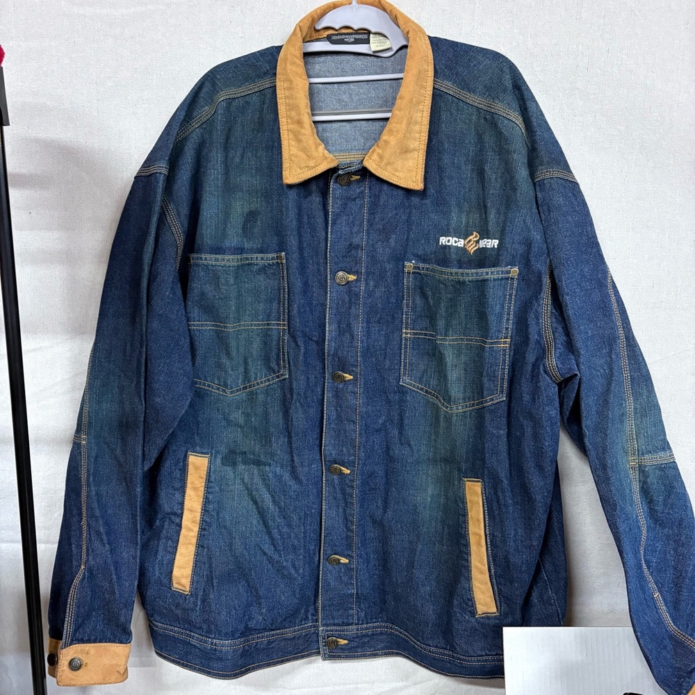Rocawear Men's Denim Jacket with Tan Details